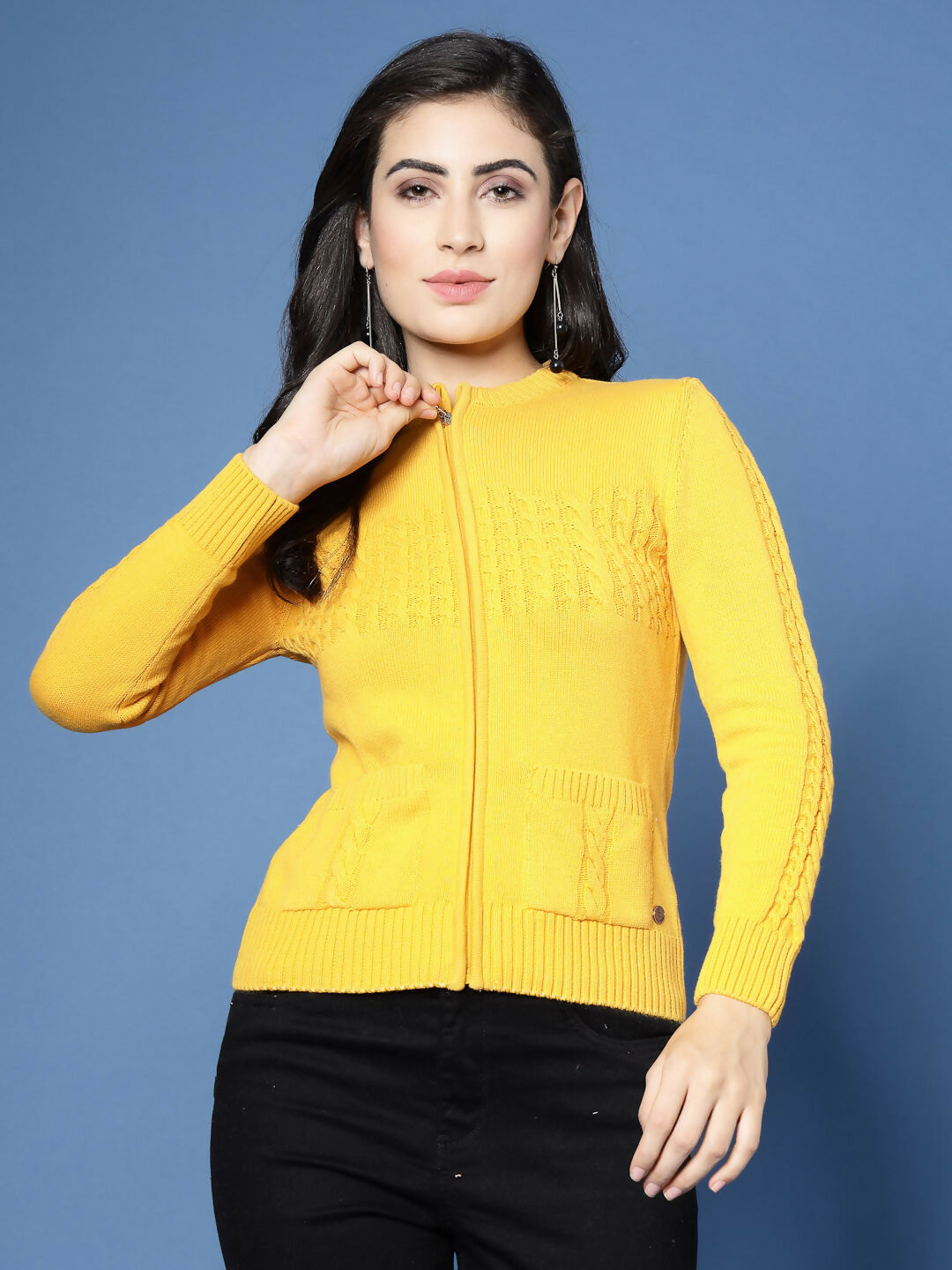 Women Winter Mustard Cotton Cardigan - Wool Trees | Grocsy