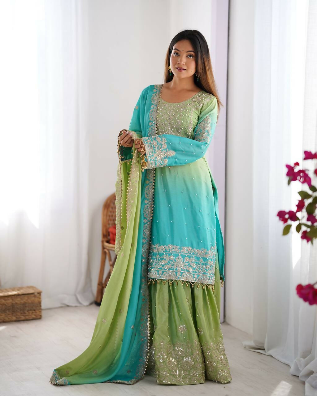 The52 Women's Beautiful Chinon silk Fabric Embroidery Work Straight Kurta Palazzo and Dupatta Set | Grocsy