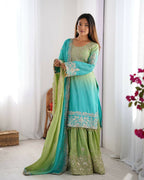 The52 Women's Beautiful Chinon silk Fabric Embroidery Work Straight Kurta Palazzo and Dupatta Set | Grocsy