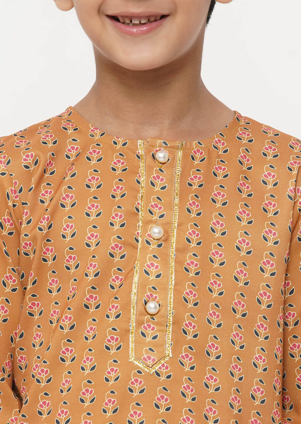 Little Bansi Boys Cotton Silk Floral Kurta with Pearl Buttons & Pyjama - Orange & Cream | Grocsy