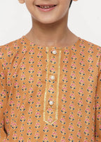 Little Bansi Boys Cotton Silk Floral Kurta with Pearl Buttons & Pyjama - Orange & Cream | Grocsy