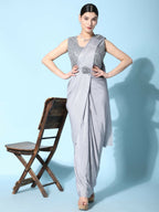 Grey Imported Crush Lycra Texture Pattern Ready to Wear Saree with stitched Blouse - Nirvana | Grocsy