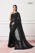Black Georgette Sequance,Thread Embroidery Work Saree with Unstitched Blouse - Vandini | Grocsy