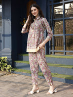Pink & Beige Rayon Floral Printed Top with Matching Bottom - Eesha | Grocsy