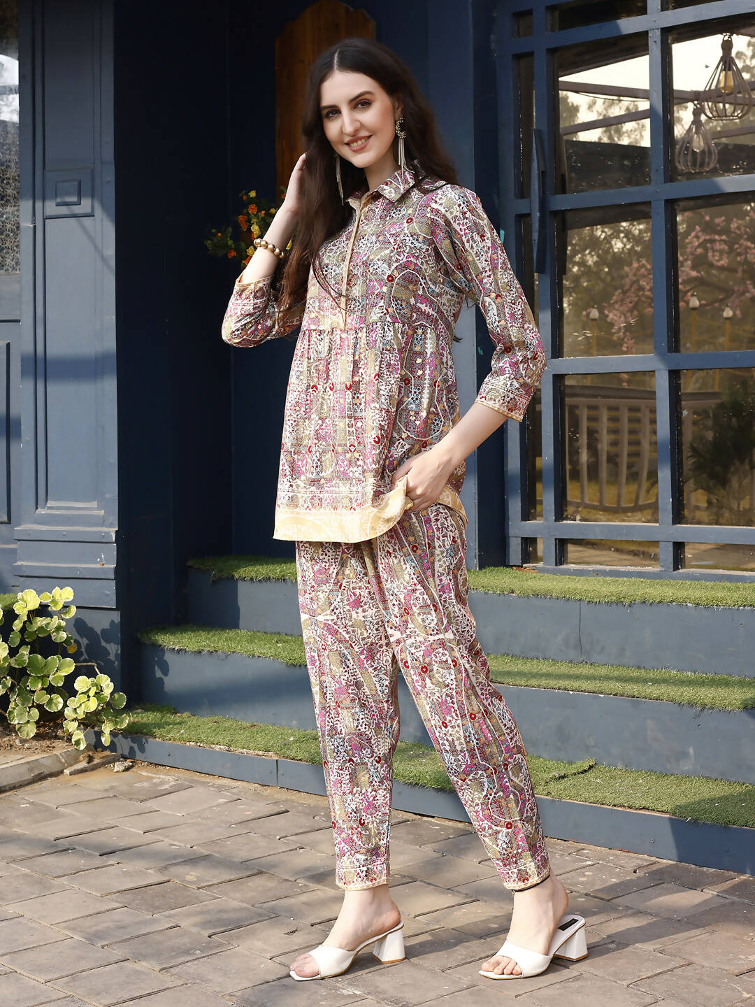 Pink & Beige Rayon Floral Printed Top with Matching Bottom - Eesha | Grocsy