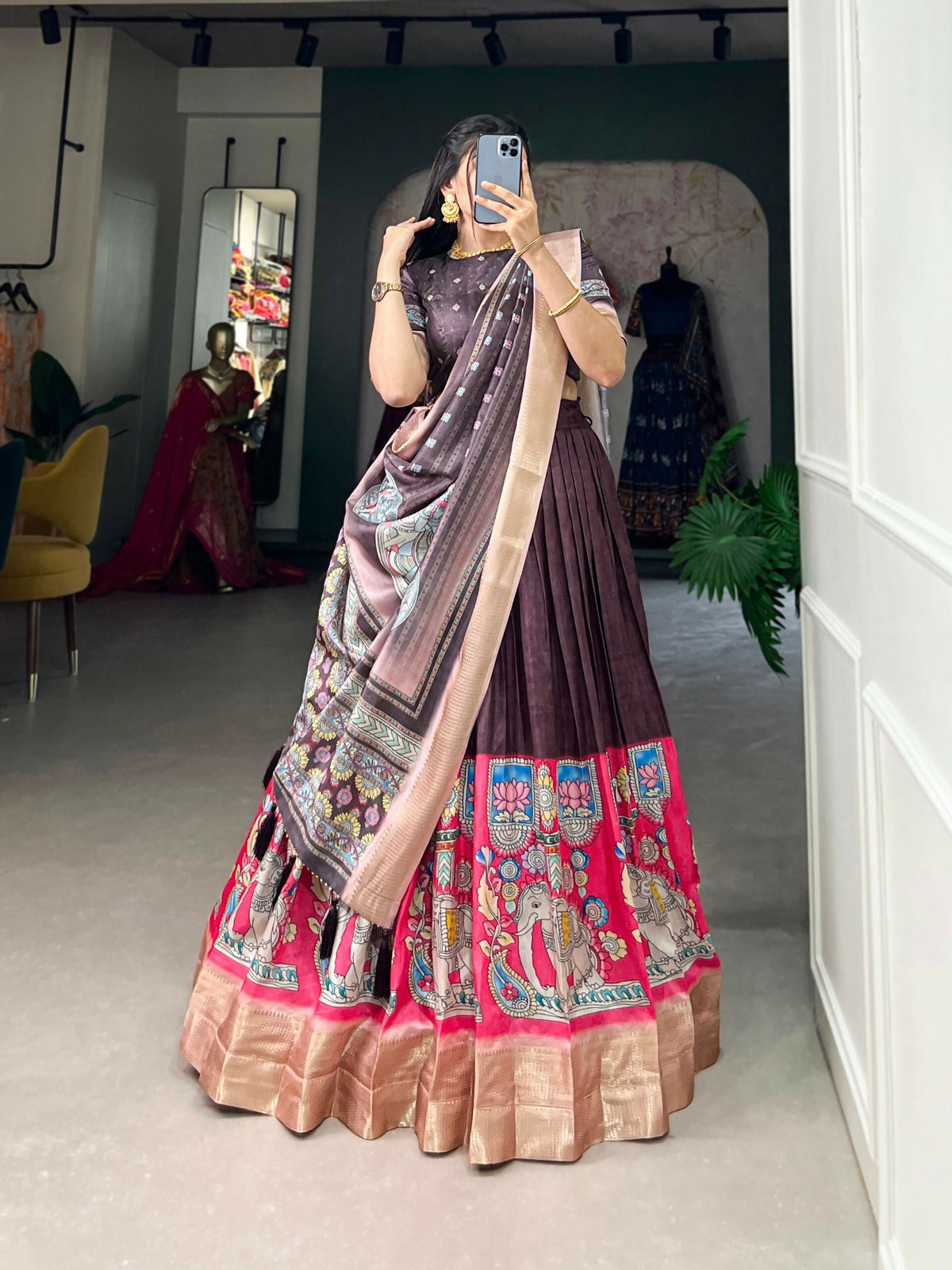 Vastranavya Kalamkari Print With Weaving Border Lehenga with Unstitched Blouse - Burgundy | Grocsy