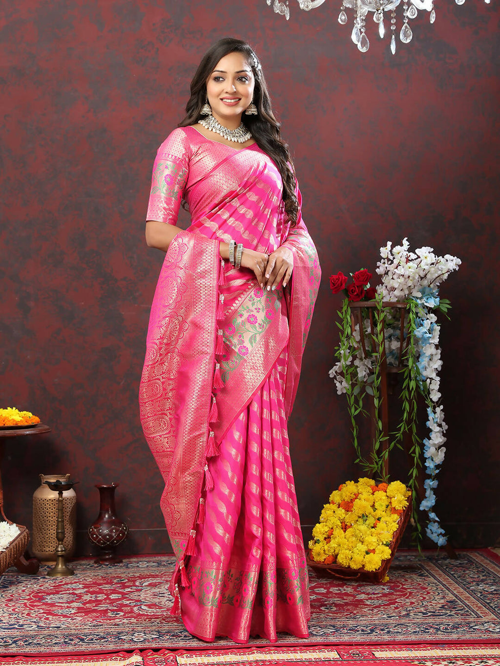 Lorenvalley Fashion Pink Soft Silk Woven Design with Zari Weaving Leheriya Design Saree | Grocsy