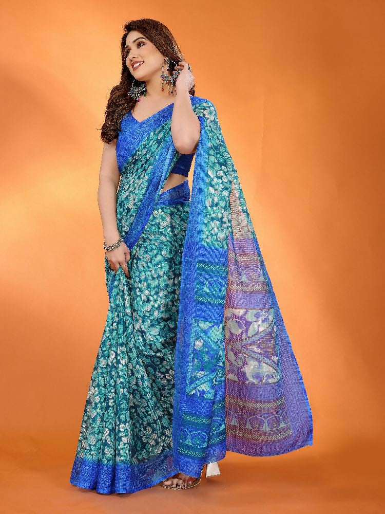 PR Fashion Blue Kota Doria Printed Saree | Grocsy