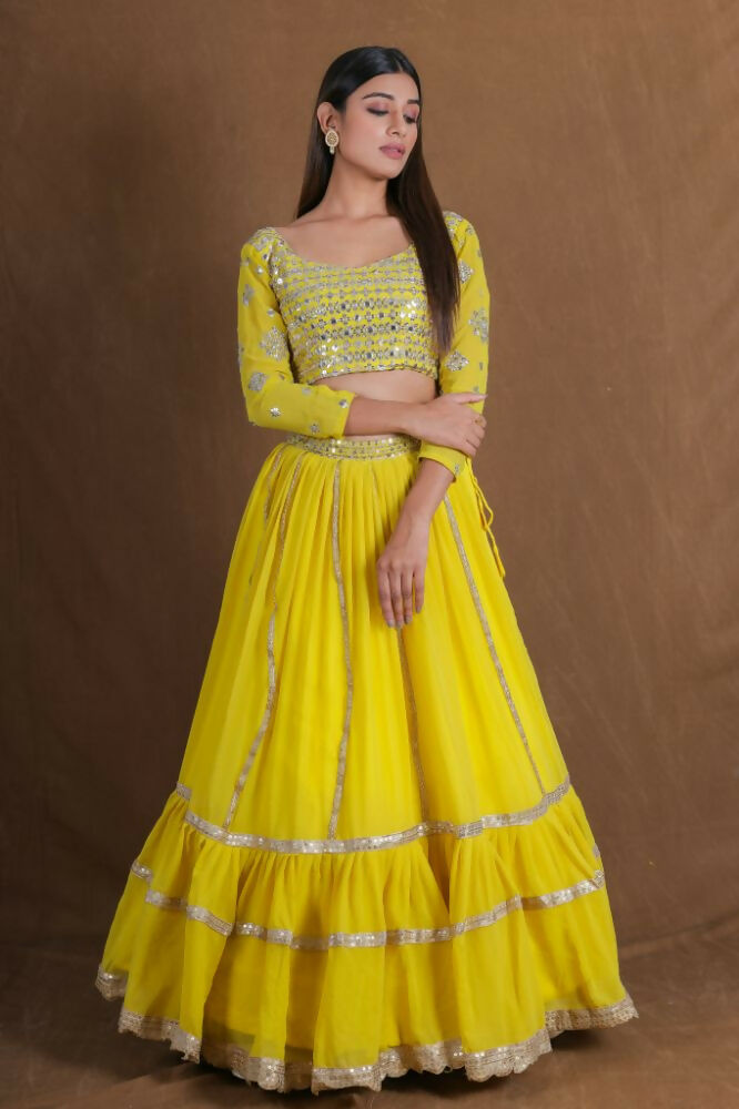 Yellow Georgette Zari Sequence Embroidery With Foil Mirror Work Lehenga Choli - Jihu Culture | Grocsy