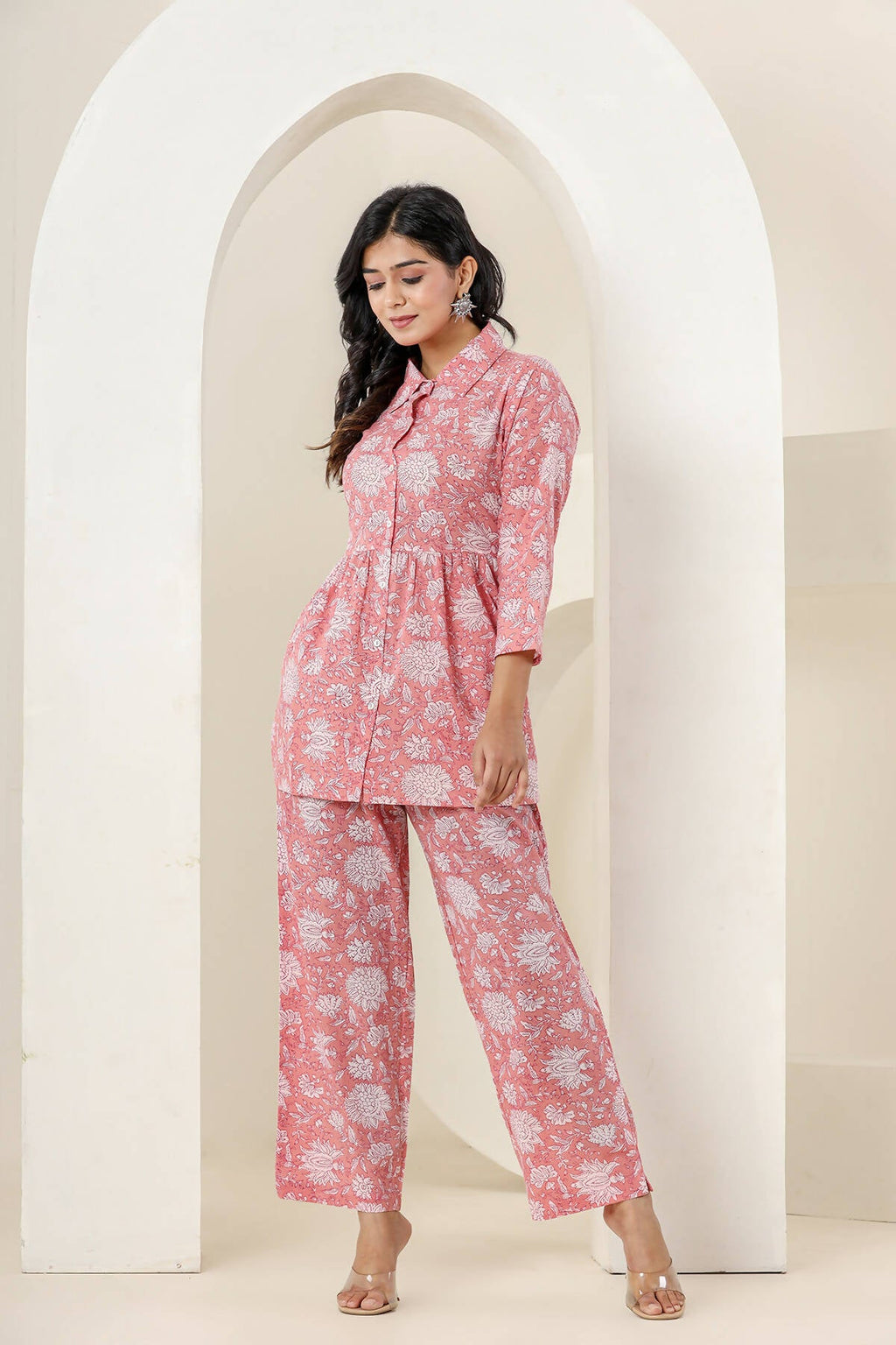 Kaajh Women's Pink Printed Cotton Co-ord Set | Grocsy