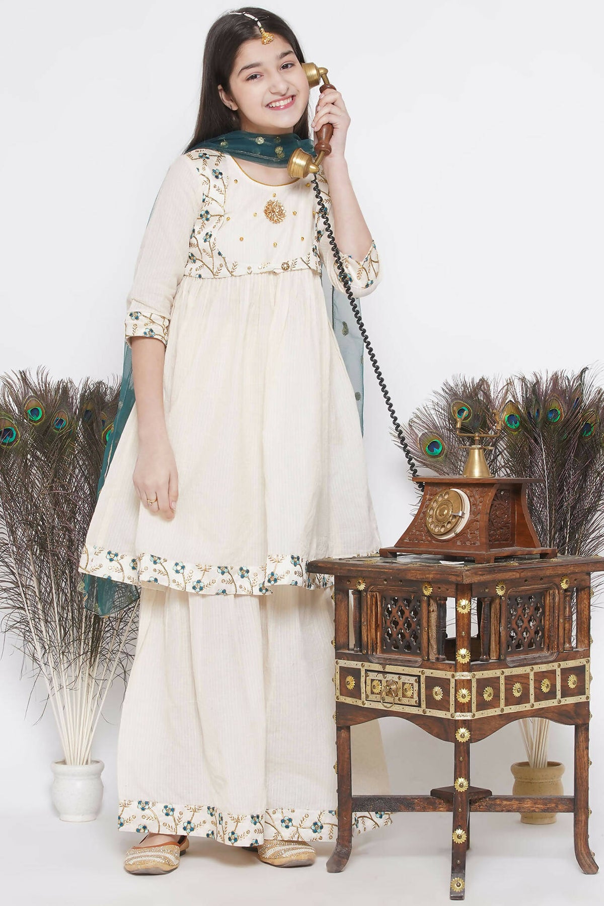 Little Bansi Blue Floral Embroidery Jacket with Cotton Kantha Frock Sharara and Dupatta with Ghungroo Handwork - Cream | Grocsy
