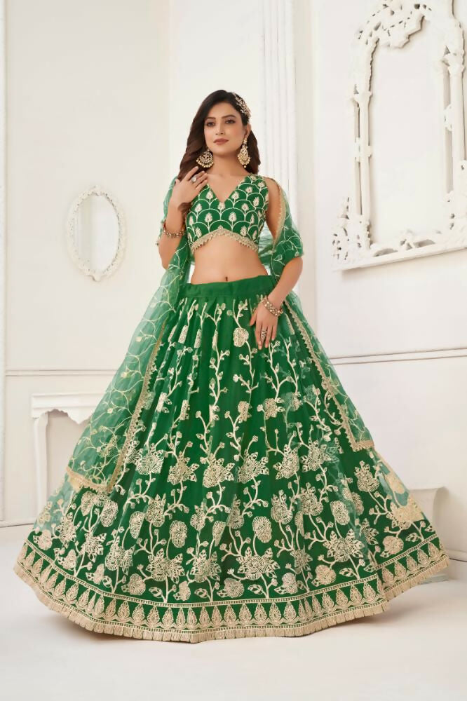 Aastha Fashion Parrot Green Butterfly Net White Cotton Thread Work And Sequence Work Embroidery Wedding Wear Lehenga Choli | Grocsy