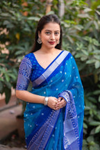 Blue Jute Silk Ethnic Motifs Saree with Unstitched Blouse - Hiral Fashion | Grocsy