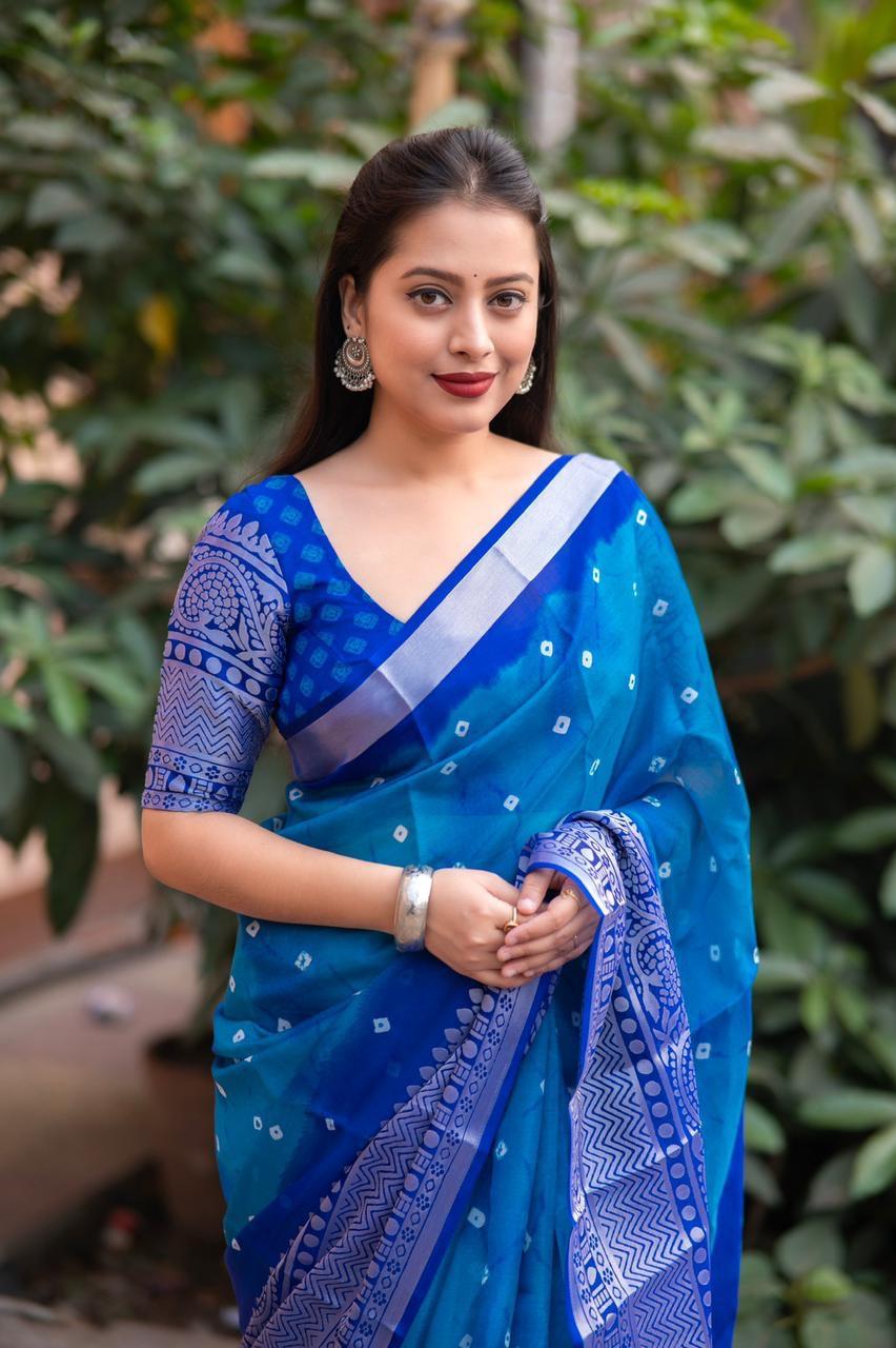 Blue Jute Silk Ethnic Motifs Saree with Unstitched Blouse - A2M | Grocsy