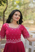 Vastranavya Faux Blooming with Beads embroidery-work Gown - Pink | Grocsy