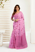 Vastranavya Baby Pink Digital Printed Linen Ready To Wear Designer Saree with Unstitched Blouse | Grocsy