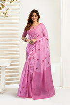 Vastranavya Baby Pink Digital Printed Linen Ready To Wear Designer Saree with Unstitched Blouse | Grocsy
