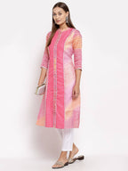 Myshka Women's Pink Cotton Printed 3/4 Sleeve Round Neck Casual Kurta | Grocsy