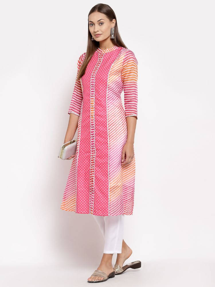 Myshka Women's Pink Cotton Printed 3/4 Sleeve Round Neck Casual Kurta | Grocsy