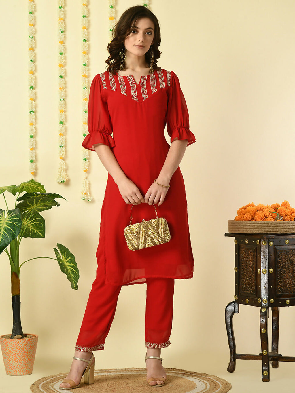 Myshka Women's Red Georgette Kurta With Trousers Party Sets | Grocsy