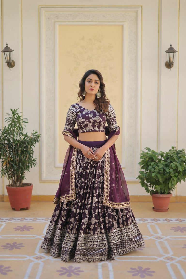 Vastranavya Designer Dyeable Pure Viscose Jacquard Fabric Lehenga Choli & Dupatta Set - Wine | Grocsy