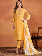 Sangria Ethnic Motifs Embroidered Thread Work Chanderi Silk Kurta with Trousers & Dupatta | Grocsy