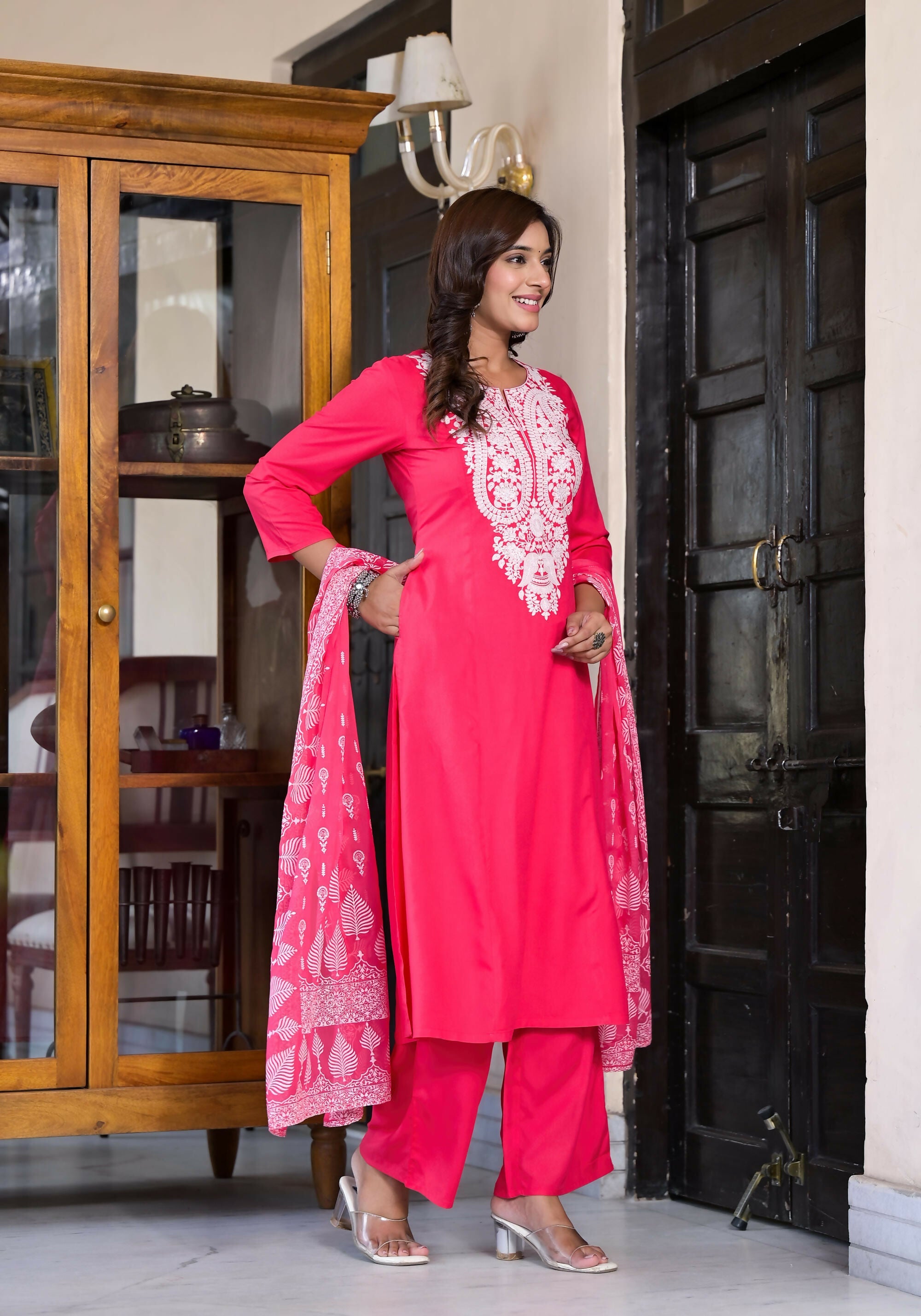 Juniper Women's Fuchsia Thread Embroidered Rayon Kurta Set | Grocsy