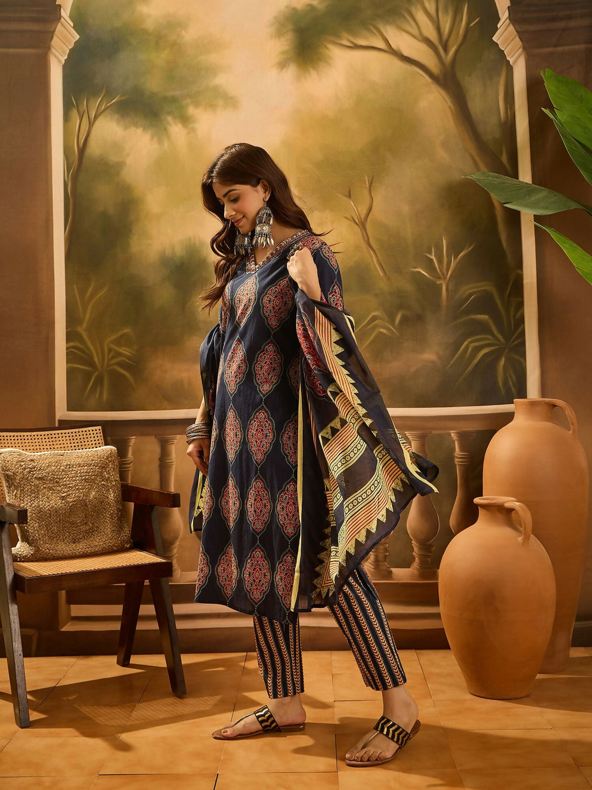 Joban Fashion Printed Navy Blue Pure Cotton Kurta Set | Grocsy