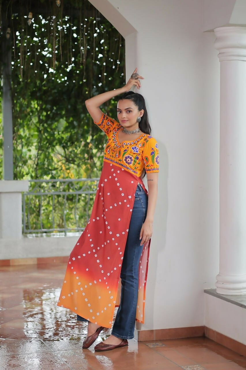 Vastranavya Yellow Navratri Special Kutchi Gamthi Work with Printed Kurti | Grocsy