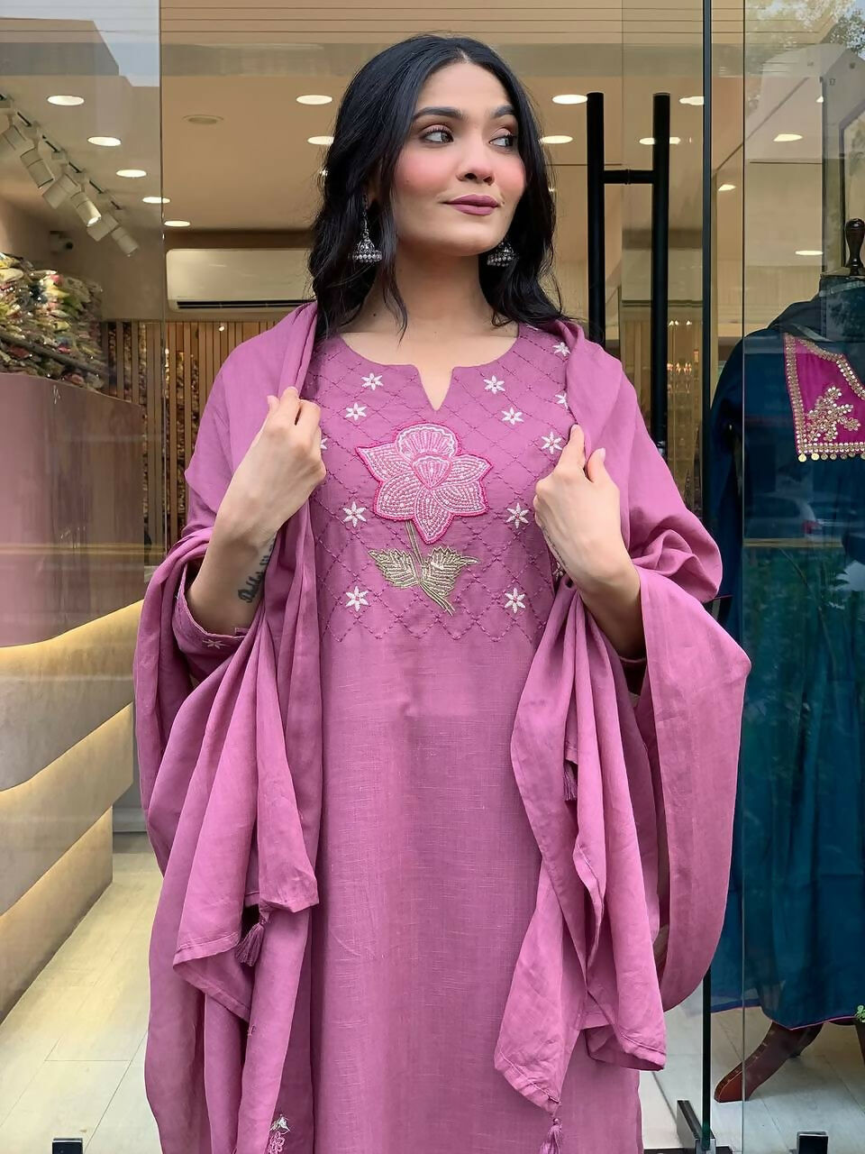 The52 Peach Women's Gorgeous Embroidered Cotton Fabric Straight Kurta Pant with Dupatta Set | Grocsy
