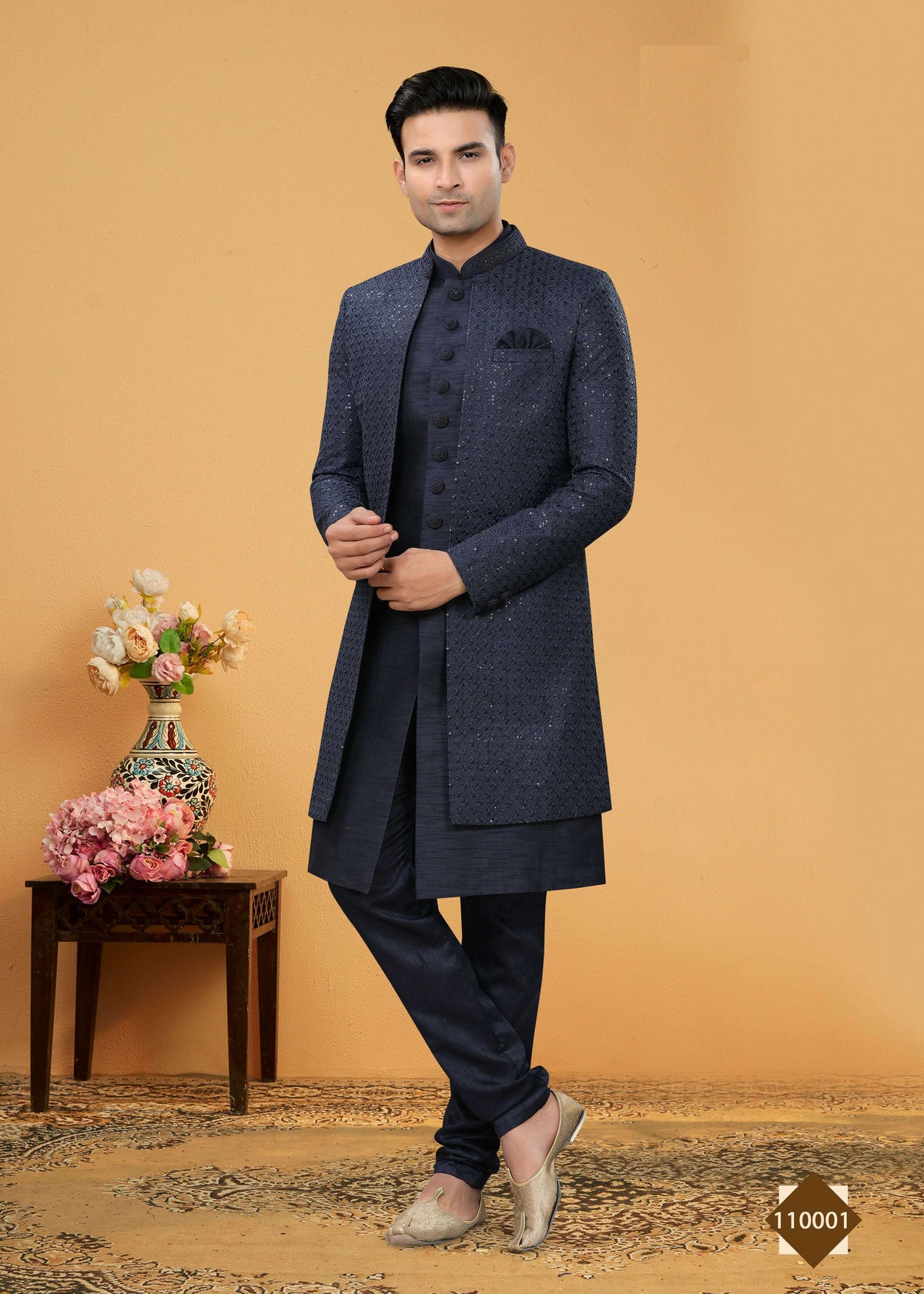 Joban Fashion Men's Navy Blue Art Silk Plain Kurta Pyjama set | Grocsy