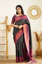 DEIANA'S Beautiful Designer Golden zari Soft Lichi Silk Saree - Black | Grocsy