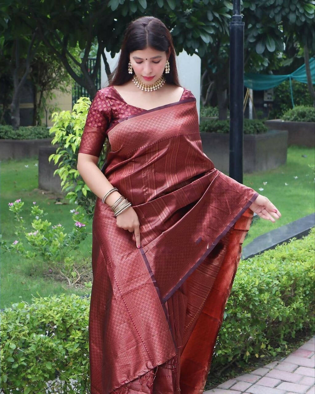 DEIANA'S Beautiful Designer Golden zari Soft Lichi Silk Saree - Maroon | Grocsy