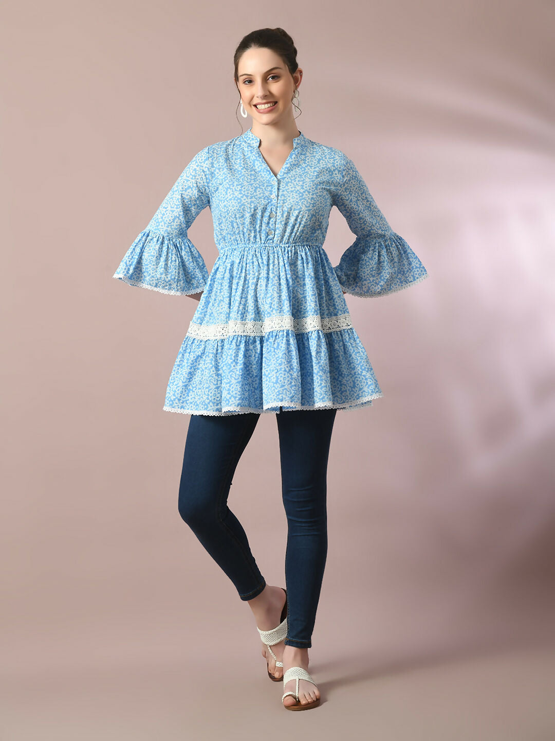Myshka Women's Blue Embellished Cotton Gathered Party Empire Top | Grocsy