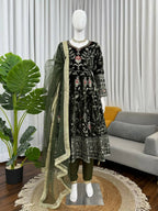 Vastranavya Mehendi Viscose Velvet Thread Sequence Work Top-Bottom With Dupatta | Grocsy