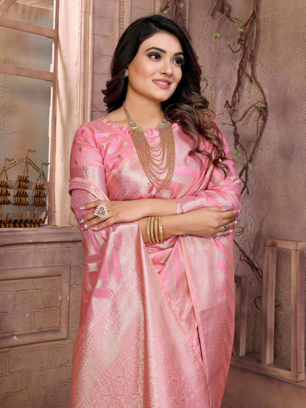 Aastha Fashion Pink Soft Organza Silk Weaving Saree | Grocsy