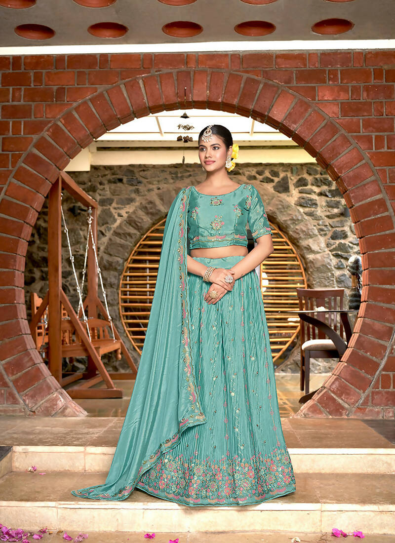 Sky Blue Chinon Crushed Sequence and Thread Embroidery Work Lehenga Choli with Dupatta - Viharini | Grocsy