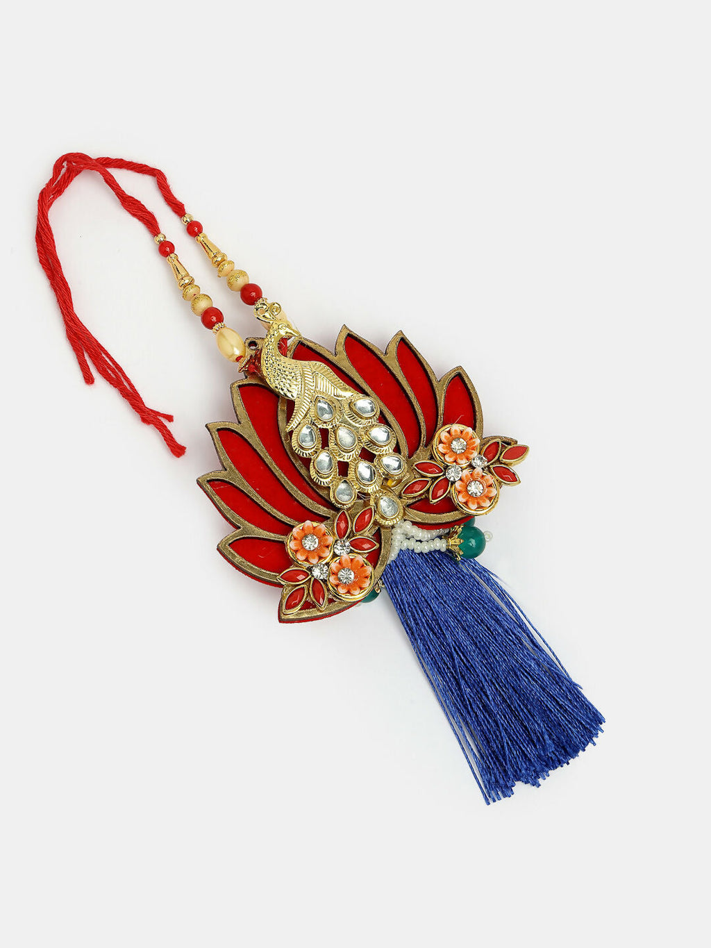 NVR Women & Men Set of 2 Gold-Toned Peacock Design Stone-Studded Bhaiya Bhabhi Rakhi With Roli Chawal & Chocolate | Grocsy