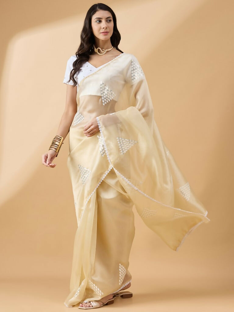 Yellow Tissue Slub Embroidered Saree with Unstitched Blouse - Vairagi | Grocsy