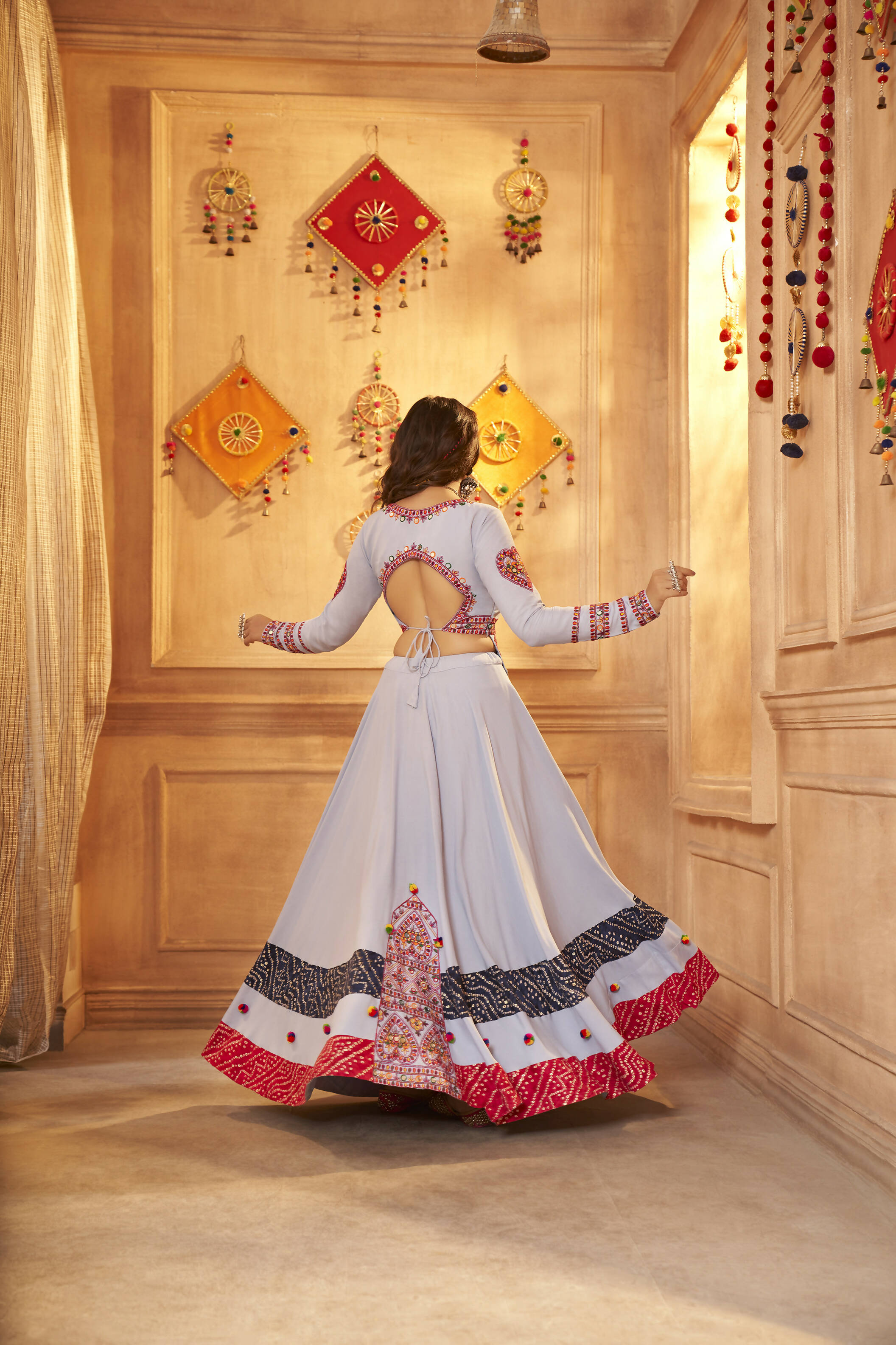 Sky Viscose Rayon Thread Embroidered Work And Print With Mirror All Over Navratri Lehenga Choli - Raas | Grocsy