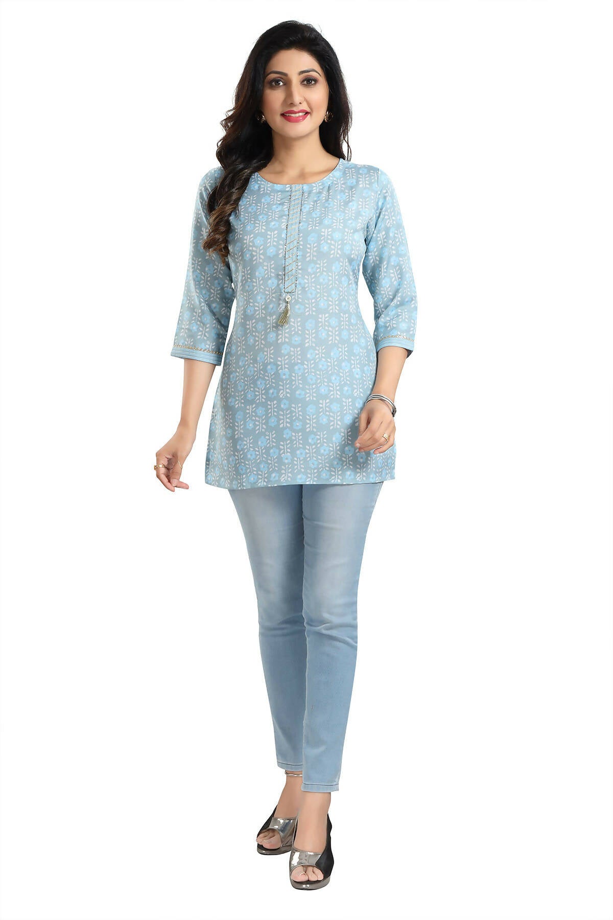 Snehal Creations Pretty Pastel Sky Blue Rayon Short Kurti Tunic Top | Grocsy