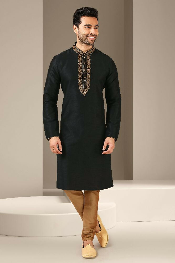 Raivat Ethnic Banarasi Art Silk Thread Work Kurta Pajama In Black Colour | Grocsy