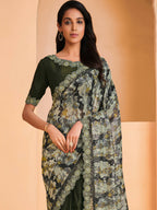 Green Satin Crepe Silk Sequence Embroidered Saree With Unstitched Blouse - Mohmanthan Yavanika | Grocsy