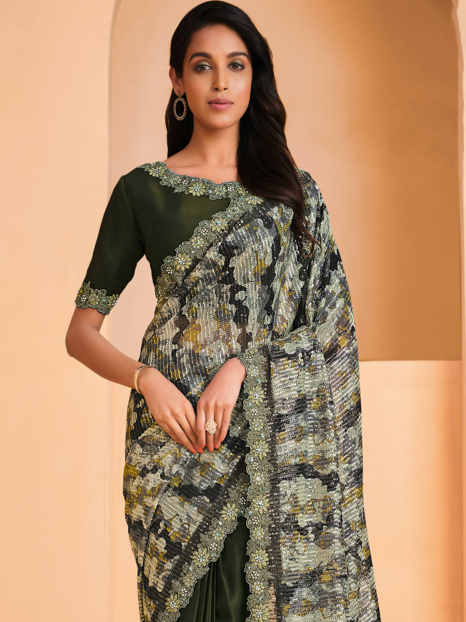 Green Satin Crepe Silk Sequence Embroidered Saree With Unstitched Blouse - Mohmanthan Yavanika | Grocsy
