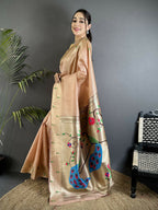 Joban Fashion Peach Peacock & Floral Motifs Tissue Paithani Saree | Grocsy