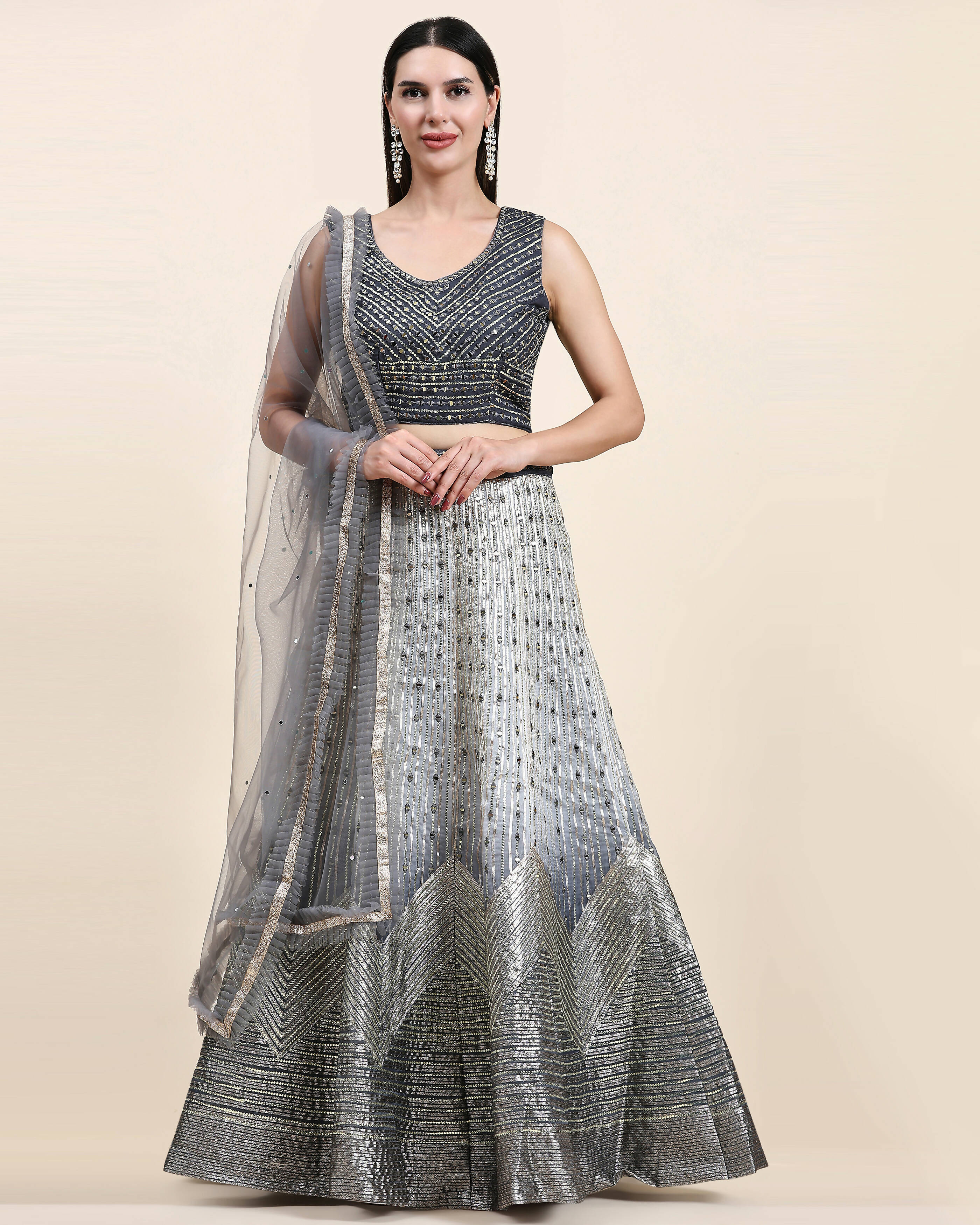 Grey Organza Mirror With Coding Work Lehenga Choli with Dupatta - Tanya | Grocsy