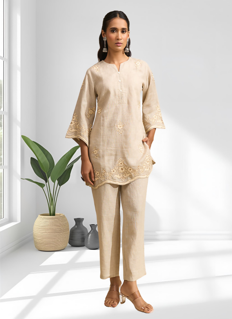 Joban Fashion Beige Linen Embroidered Readymade Cord Set | Grocsy