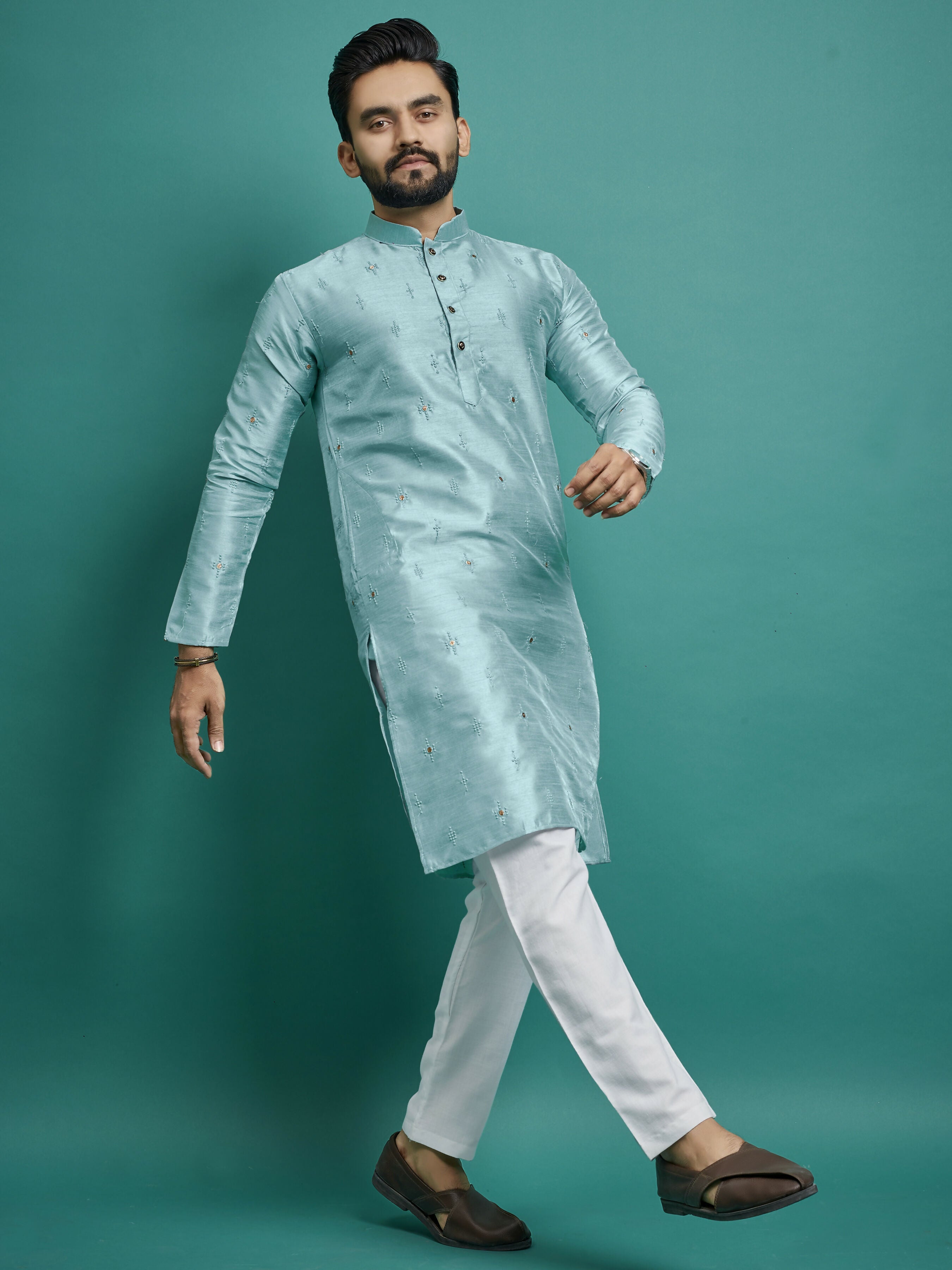 Indian Designer Embroidered Light Blue Men's Kurta Pajama Set by Infinity Export | Grocsy