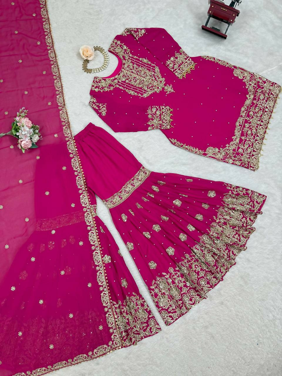 The52 Women's Beautiful Faux Georgette Fabric Embroidery Work Straight Kurt Sharara and Dupatta Set | Grocsy