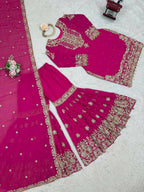 The52 Women's Beautiful Faux Georgette Fabric Embroidery Work Straight Kurt Sharara and Dupatta Set | Grocsy